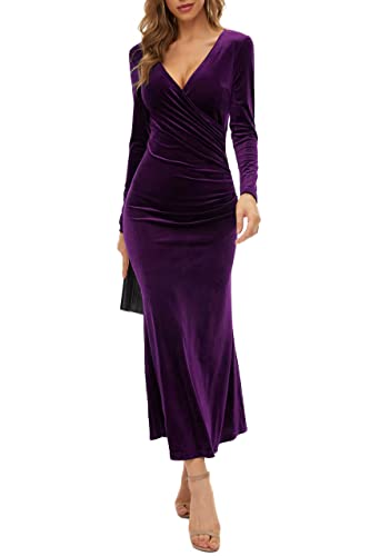 Damen Paket Hip Rock V-Ausschnitt Slim Business Mid-Waist Langarm Samt Fishtail Kleid Abendkleid