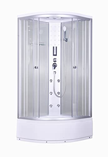 Sanotechnik Komplettduschkabine PR55 90×90×215cm – All-in-One Komplettdusche | 5mm ESG-Türglas, 6 Massagedüsen, Kopf- & Handbrause, Sitzbrausetasse 34cm, Touch-Radio & LED, PR55