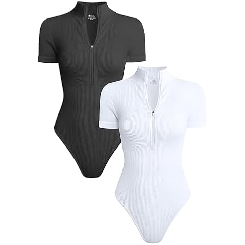 TOB Women's 2 Piece Bodysuits Sexy Ribbed Short Sleeve Zips Front Stretch Tops Bodysuits Black White Cover