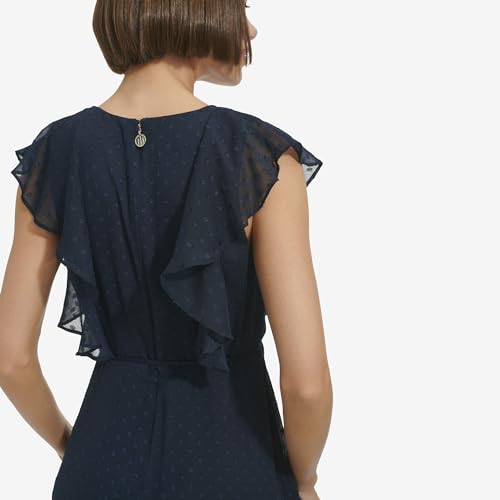 Image of Tommy Hilfiger Women's Sleeveless V-Neck Ruffle Trim Tie Waist Chiffon Mini Dress