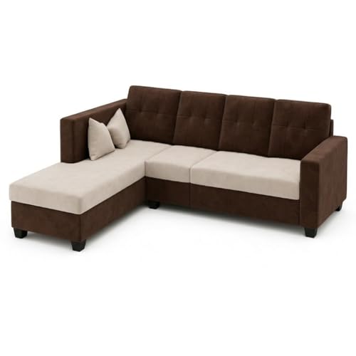 Image of FURNY Nathan 5 Seater L Shape Sofa Set LHS (Dark Brown-Cream) | Suede Velvet Finish | Durable Comfort Sofa for Modern Living Room & Office Spaces