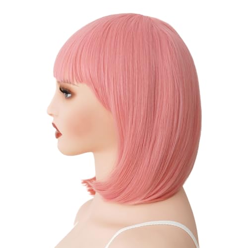 Image of Rose bud Pink Wig Bob Straight 12 Inch Short Hair Cosplay Wigs for Women Costume Party Halloween