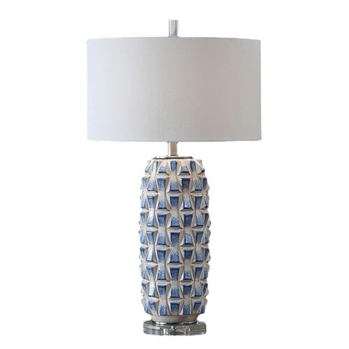 WISHVYQ 23.6" Ceramic LED Table Lamp Blue/White Coastal Contemporary Bedside Desk Nightstand Lamp for Bedroom Living Room Office College Bookcase