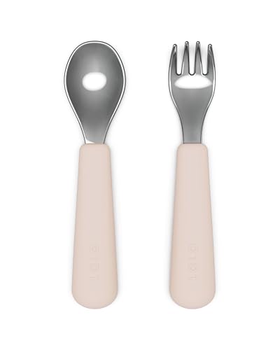 Lalo Utensils - Toddler Fork and Spoon Set - Stainless Steel and Silicone Ergonomic Toddler Utensils - Children Safe Flatware Set - 2 Pieces - Grapefruit