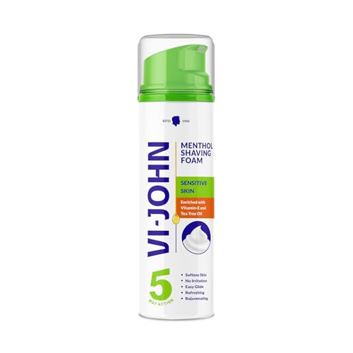 Image of VI- JOHN Shaving Foam For Men, Menthol Shaving Foam With Goodness of Nature, Tea Tree Oil, Vitamin E Enriched and Anti- Bacterial Formula (200GM, Pack of 1)