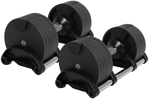 French Fitness Juego de mancuernas ajustables de 5 a 80 libras, diseño compacto, pesas ajustables de 5 a 80 libras, 2 mancuernas, soporte de