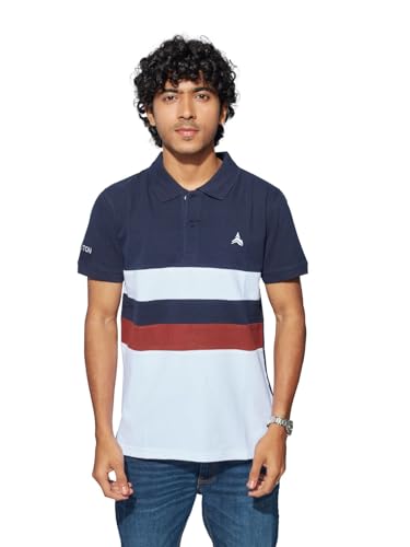 Image of Men Color Block Polo Neck Cotton Blend Maroon T-Shirt | Casual Half Sleeve Stylish Regular Fit Polo T-Shirt for Men (in, Alpha, L, Regular, Standard, Navy)