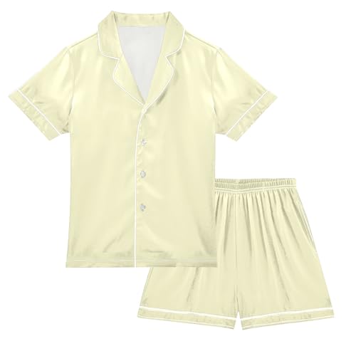 ODAWA Cream Satin Pajama Set Button-Down Soft Lightweight 2 Piece Lounge Sets 5-6Y