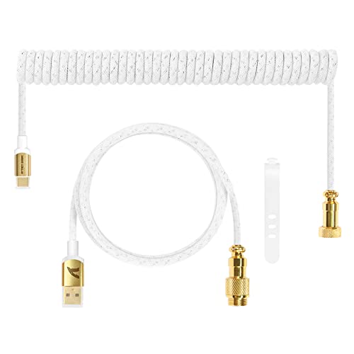 ATTACK SHARK Custom Coiled USB C to A Cable for Gaming Keyboard,Double-Sleeved Starlight Braided Cable with Detachable Metal Aviator 24K Gold Connector 1.7M-2.2M for Phone PS4 Android Xbox-White