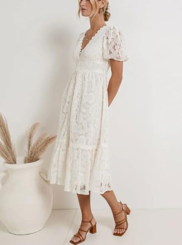 utcoco Lace Dress for Women 2025 V-Neck Lantern Sleeve Hollow Out Button Down Slim High Wasit Midi Dress4