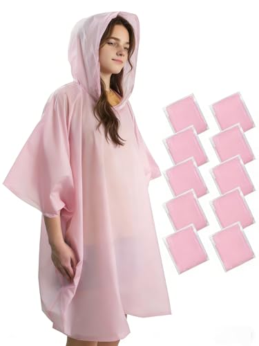 KAshack 10 Stück Einweg Regenponcho Pink Damen Herren -100% Wasserdichtes Regencape mit Kaputze 0.035mm Verdicken Leichtgewichts Regen Poncho für Konzert Festival Wandern Camping Notfallponcho