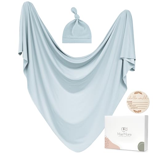 Image of MairMore Baby Swaddle Receiving Blankets with Matching Beanie Set Newborn Nursery Swaddle Wrap for Baby Girls and Boys (Blue)