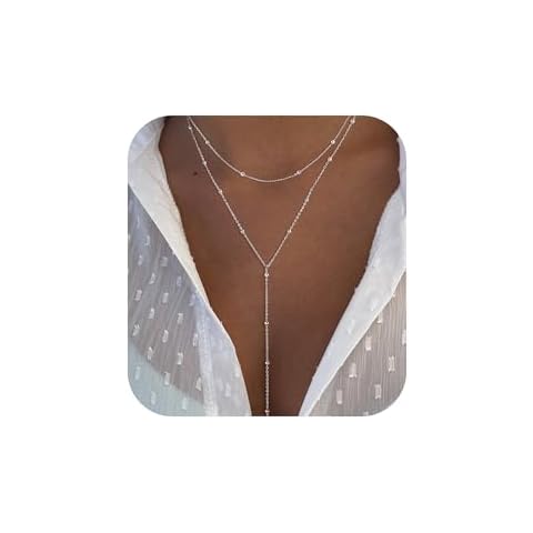 Picuzzy Silver Necklace for Women, Dainty Silver Plated Layered Necklaces for Women Trendy Lariat Beaded Long Necklace Simple Jewelry Christmas Gifts Cover