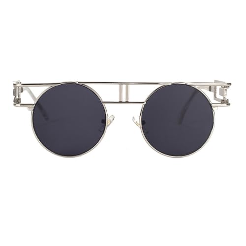 Lunettes de soleil rondes UV400 tendance steampunk argent et noir grande monture