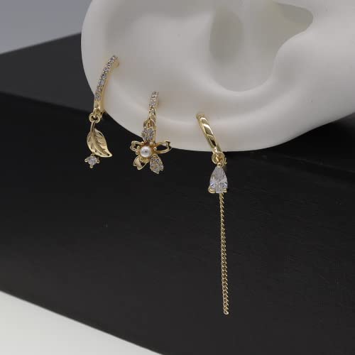 Sonateomber Gold Small Huggie Hoop Earrings Set For Women Teen Girls - Cute Dainty Cubic Zirconia Rhinestone Flower Leaf Butterfly Small Helix Chain Drop Dangle Cartilage Earrings Jewelry Gifts #TOP3