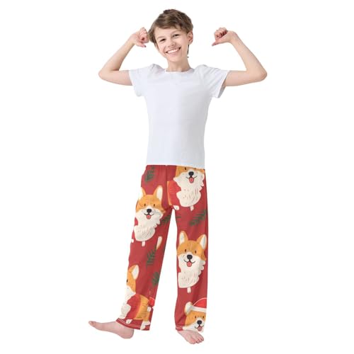 Christmas Corgi Pine Branches Boys Long Pants Soft Trousers Elastic Waist Kids Lounge Bottoms with Pockets S-XL2