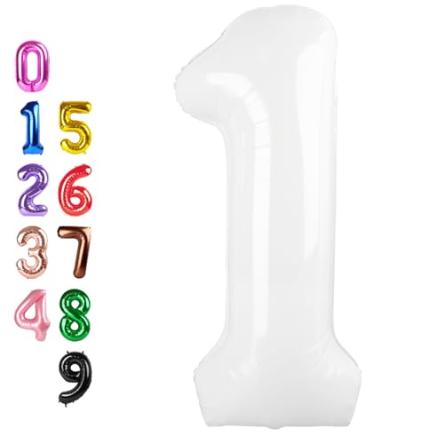 Image of Number Balloons 1 Balloon White for 1st Birthday Party Decorations, 40 inch | Saturated Color, Large 40 inch, With Inflation Straw & Hanging Hole, Great for Bridal Party, Wedding, Thanksgiving, Christmas