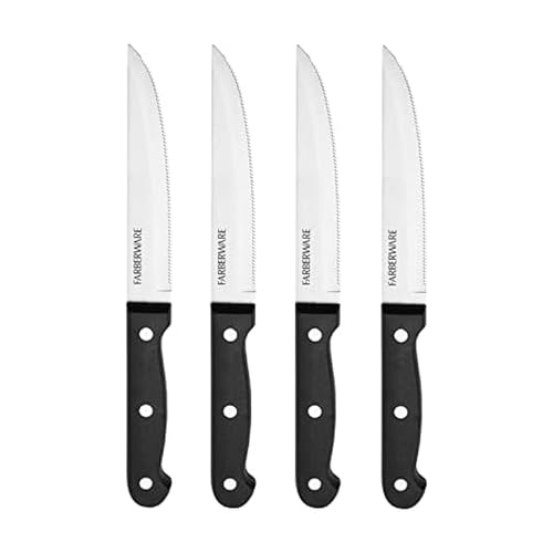 Farberware 4-Piece Full-Tang Triple Rivet 'Never Needs Sharpening' Stainless Steel Steak Knife Set, Black