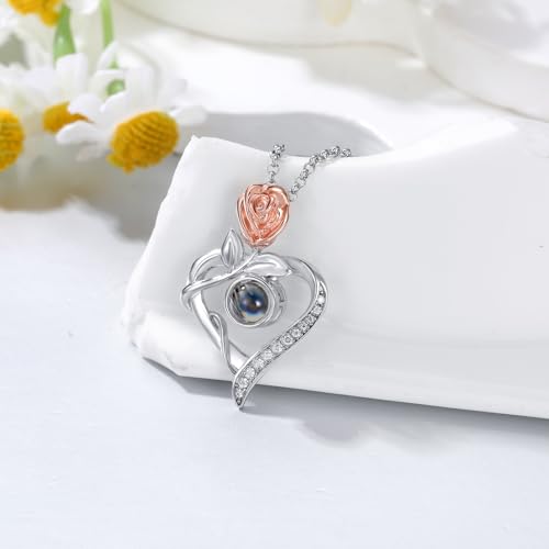 SOULMEET Personalized White Gold/Silver 100 Languages I Love You Projection Necklace Custom Picture Projection Pendant Gifts for Women Mom Wife on Christmas Valentine Mothers Day2