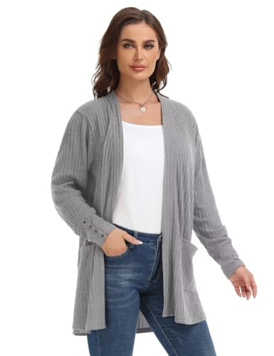 Image of MONNURO Plus Size Open Front Cardigan Sweaters for Women Lightweight Long Sleeve Fall Coat with Pockets(O-Gray,5X
