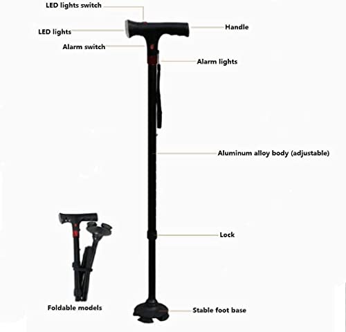 Aluminio ajustable con luces de alarma Muletas para personas mayores - Bastón inteligente multifuncional plegable telescópico para exteriores Regalo para padres