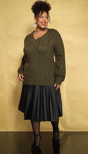 Image of CARCOS Plus Size Sweaters for Curvy Women Long Sleeve Cable V Neck Sweater Knit Pullover Preppy Style Fall Winter XL-5XL
