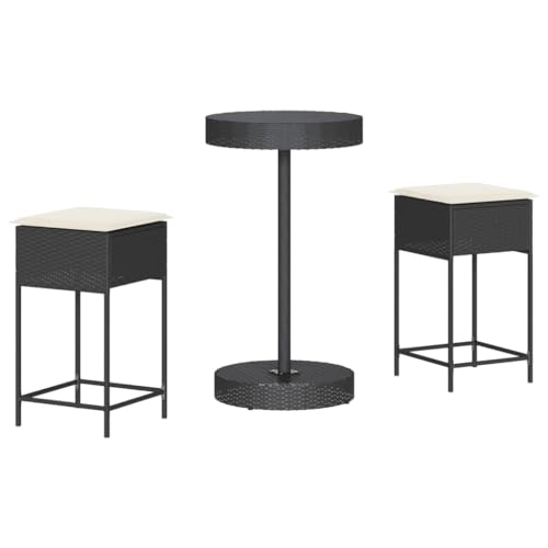 vidaXL Mesa y taburetes Altos jardín 3 Piezas y Cojines ratán PE Negro, Mesa Alta y taburetes de Exterior, Juego de Bar, Juego de Muebles