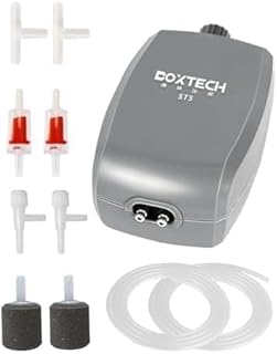 UPETTOOLS Bomba de aire para acuario, color gris, bomba de aire para tanque de peces con accesorios, bomba de oxígeno de doble salida ajustable con 2 piedras de aire, volumen de aire extra grande para
