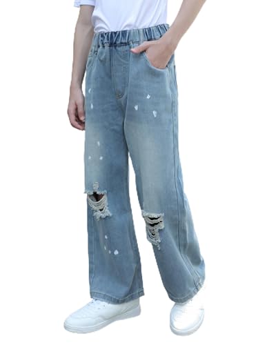 SANGTREE Boys Baggy Jeans Wide Leg Elastic Waist Casual Denim Pants for Boys,4-14years