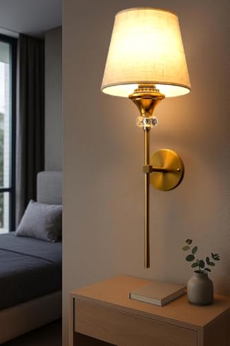 Image of Groeien Pack of 2 | Gold Crystal Fabric Shade Contemporary Brass Finish Wall Lamp for Bedroom, Livingroom, Indoor(Bulb is Included)(Fabric-Gold Crystal, 2)