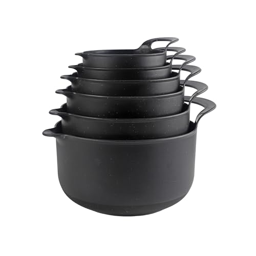 COOK WITH COLOR Nesting Plastic Mixing Bowl Set with Pour Spouts and Handles, Black Speckled, 6 Piece Non-Slip