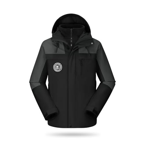 CAMELSPORTS Men's Ski Jacket 3 in 1 Waterproof Winter Jackets Warm Snow Jacket Hooded with Inner Warm Fleece Coat Black Large