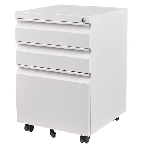 Image of 3 Drawer File Cabinet with Lock,Under Desk File Cabinet with Wheels,White Rolling Filing Cabinets,Three Drawer Metal Filing Cabinet for Home Office,Fit A4 /Letter /Legal File,- Assembly Required