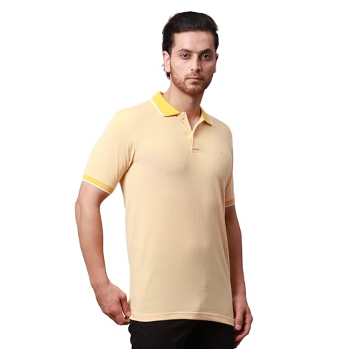 Image of Park Avenue Men's Cotton Polyester Blend Stripe Pattern Slim Fit Rib Collar Polo Neck Half Sleeve Casual T-Shirt
