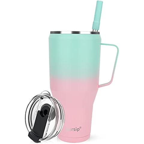 Sursip 40 oz Insulated Tumbler with Screw Lid - Stainless Steel Vacuum Cup with Straw and Handle, Keeps Drinks Cold up to 24 Hours - Sweat/Leak Proof, Dishwasher Safe, Fits Car Cup Holder (Green＆Pink) Cover
