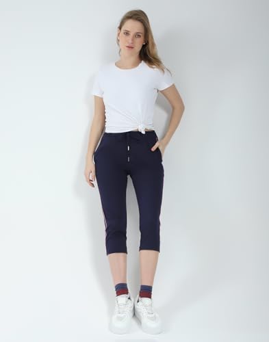 Image of Monte Carlo Women Regular Fit Capri | Calf Length | 3 /4th Solid Pyjama| Drawstring Closure | Nightwear Capri for Women's Navy