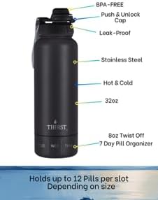 Insulated Water Bottle, 32oz, BPA-Free, Stainless Steel, with 8oz 7-Day Pill Organizer twist bottom, Black