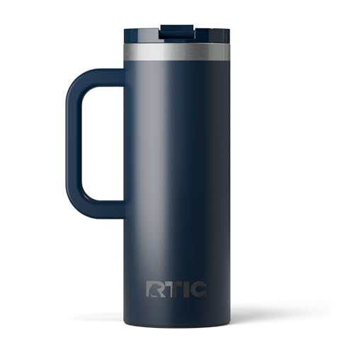 RTIC 20oz Road Trip Travel Mug with Lid and Handle, Ceramic Lined, Insulated, Stainless Steel, Metal, Double Wall Vacuum-Insulation, Portable Coffee, Tea Cup for Hot and Cold Drink, Navy