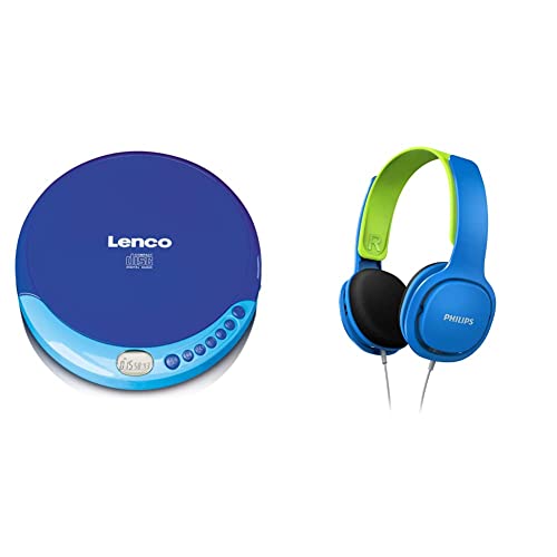 Lenco CD-011 Tragbarer CD-Player Walkman - Diskman - CD Walkman - Blau & Philips SHK2000BL/00 Over Ear Kinder Kopfhörer, Farbige LED-Leuchten, 85dB Lautstärkebegrenzung, Geräuschisolierendes