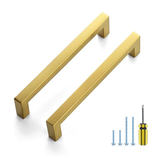 Image of Ravinte 10 Pack Kitchen Gold Cabinet Handles 6-1 /4 Inch Hole Center Stainless Steel Square Cabinet Pulls for Dresser Drawer Cupboard Handles with Screwdriver
