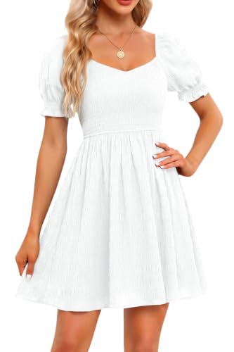 Holipick White Dresses for Teens Juniors Graduation College Smocked Puff Sleeves Short Summer Casual Spring Easter Dress 2026