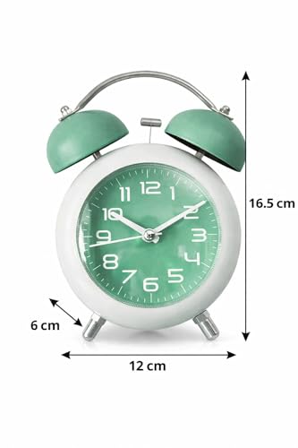 Image of Alarm Clock Analog Table Clock with Twin Bell Design and Numbered Dial, Desktop Timepiece (Alloy Steel Twin Bell Green)