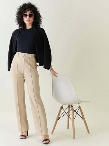Image of KOTTY Womens Solid Polyester Blend Best Beige Straight fit Trousers (Beige,26)