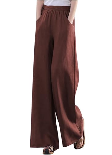 Image of KOTTY Women's Crumble Fabric High Waist Solid Color Drawstring Wide Leg Trousers Loose with Pockets