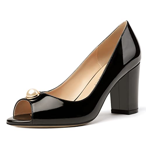 MODENCOCO Women's Pearl Patent Slip On Peep Toe Block High Heel Pumps Shoes 3.5 Inch