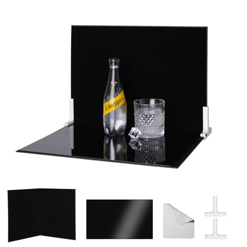 Product Photography Backdrop Kit, Reflective Black Acrylic Sheet & Light-Absorbing Flocked Bakcdrop Board, Tabletop Photo Background for Figurines, Jewelry and Cosmetics, 16x11.5in, MDAOCRY