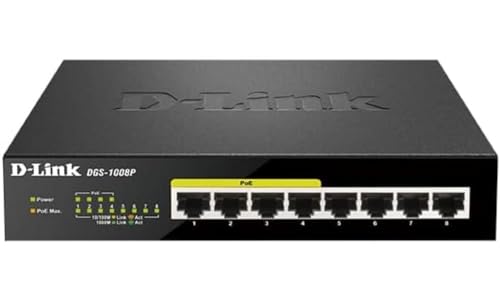 D-Link DGS-1008P 8-Port Gigabit Unmanaged Desktop PoE Switch, 80W Power Budget, Metal, Fanless
