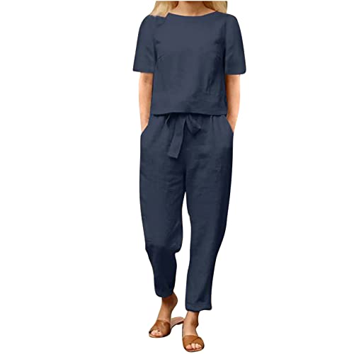 Conjunto de pantalones de verano para mujer, conjuntos de manga corta, blusas y pantalones con lazo en la cintura con bolsillos, ropa de descanso para mujer, S-5XL, My Orders 2025 UK, azul, XXL