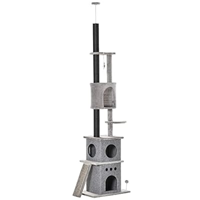 PawHut 255cm Floor To Ceiling Cat Tree for Indoor Cats Climber Scratching Post Adjustable Height Play Tower Removable Cover Grey