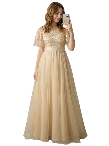 Ever-Pretty Sequin Formal Prom Dresses for Women Ruffle Sleeves Empire Waist A-Line Long Mother of Bride Dress Gold US4